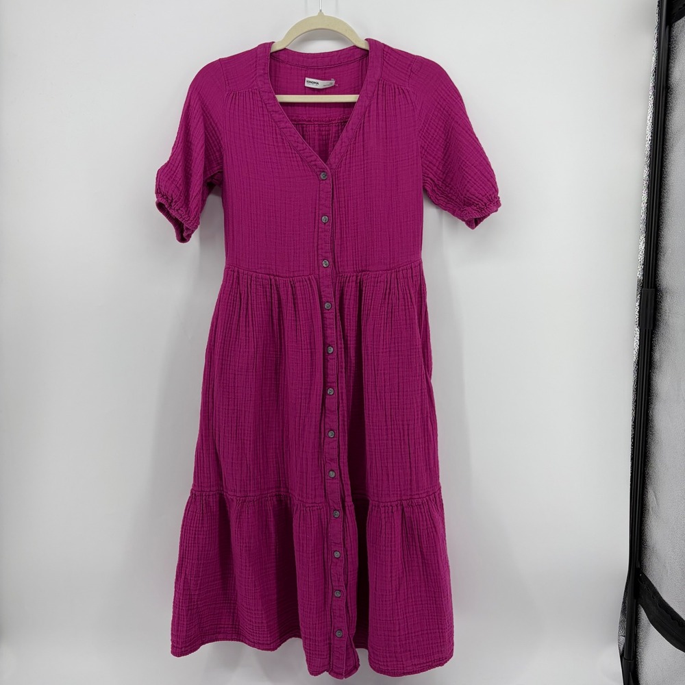 Sonoma Womens PS Magenta Cotton Double Gauze Button Front Tiered Midi Dress